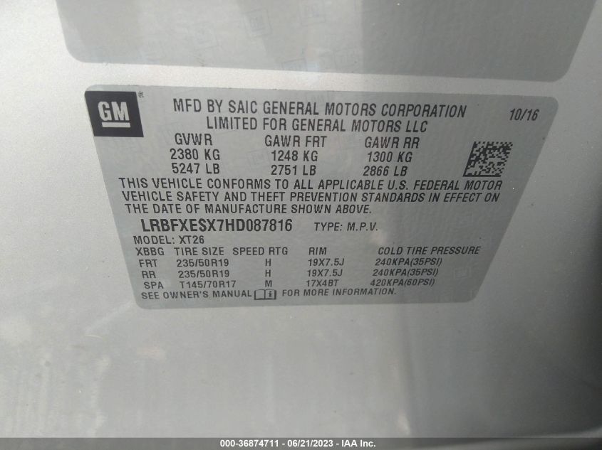 2017 BUICK ENVISION PREMIUM I - LRBFXESX7HD087816