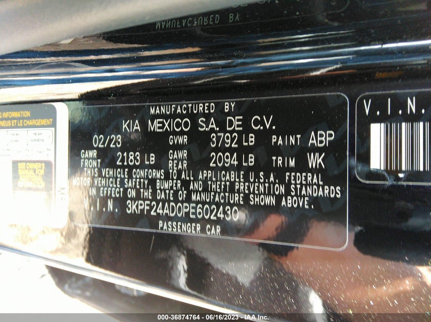 VIN 3KPF24AD0PE602430 2023 KIA FORTE LXS