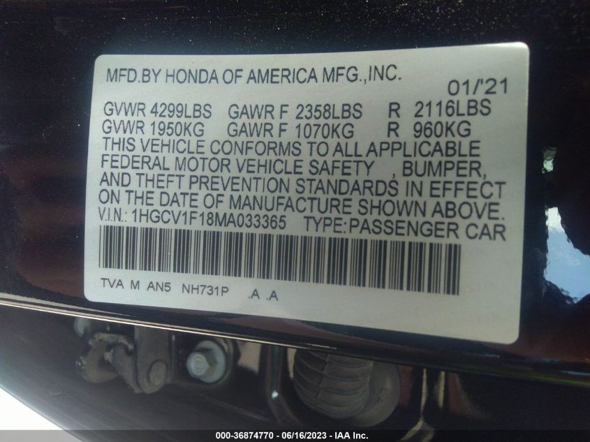 2021 HONDA ACCORD SEDAN LX - 1HGCV1F18MA033365