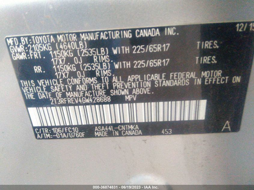 2016 TOYOTA RAV4 XLE - 2T3RFREV4GW428688