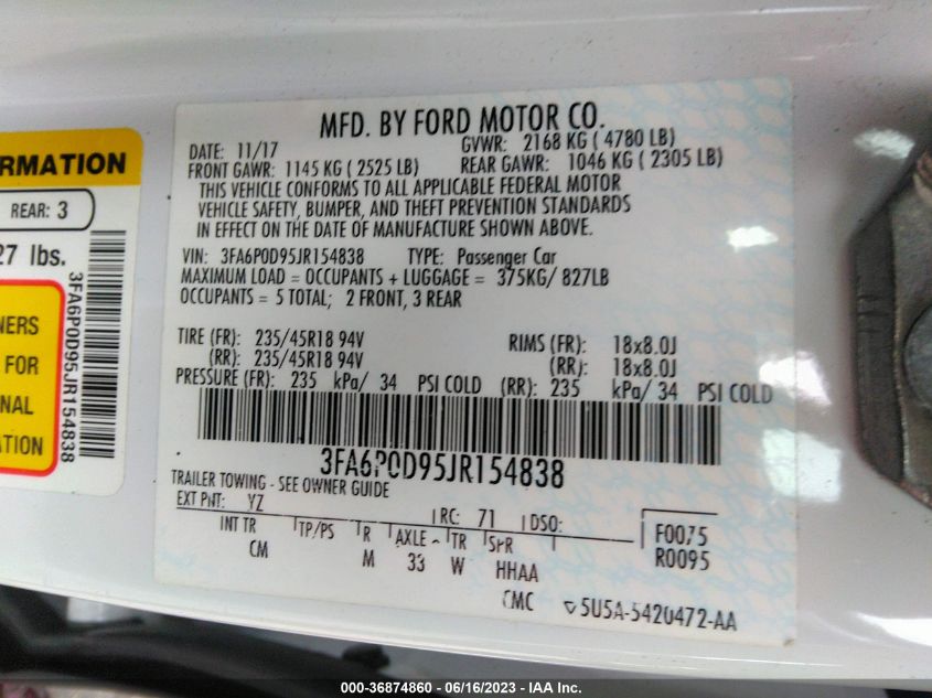 2018 FORD FUSION TITANIUM/PLATINUM - 3FA6P0D95JR154838