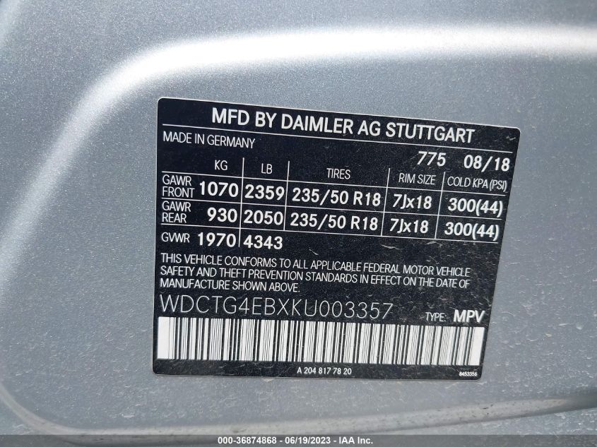 2019 MERCEDES-BENZ GLA GLA 250 - WDCTG4EBXKU003357