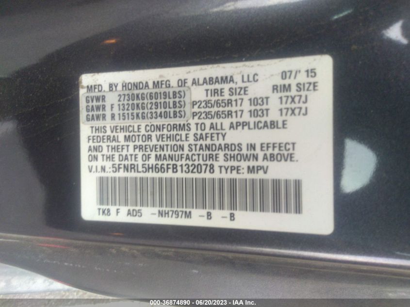 2015 HONDA ODYSSEY EX-L - 5FNRL5H66FB132078