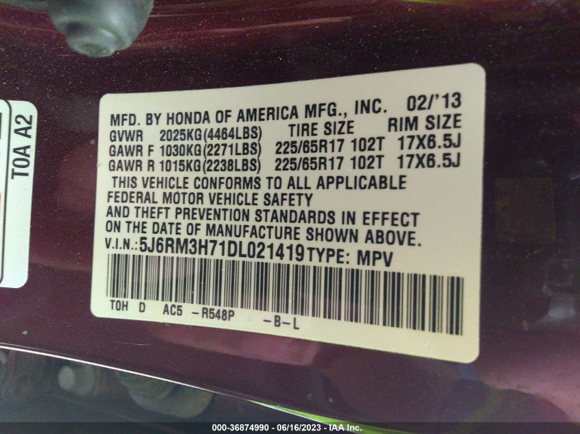 2013 HONDA CR-V EX-L - 5J6RM3H71DL021419