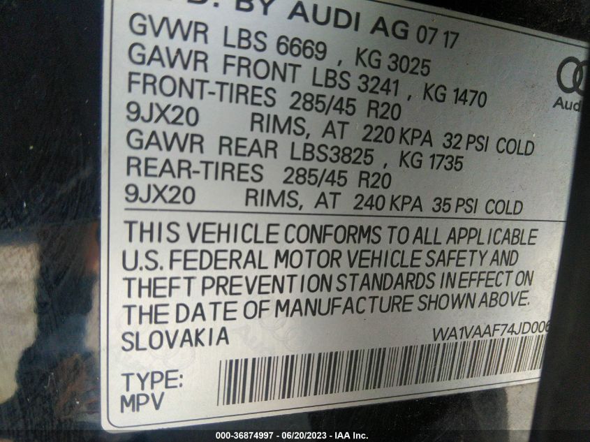 WA1VAAF74JD006076 2018 AUDI Q7, photo no. 9