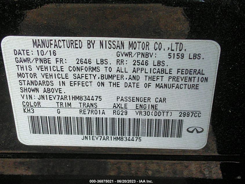 2017 INFINITI Q50 3.0T PREMIUM - JN1EV7AR1HM834475