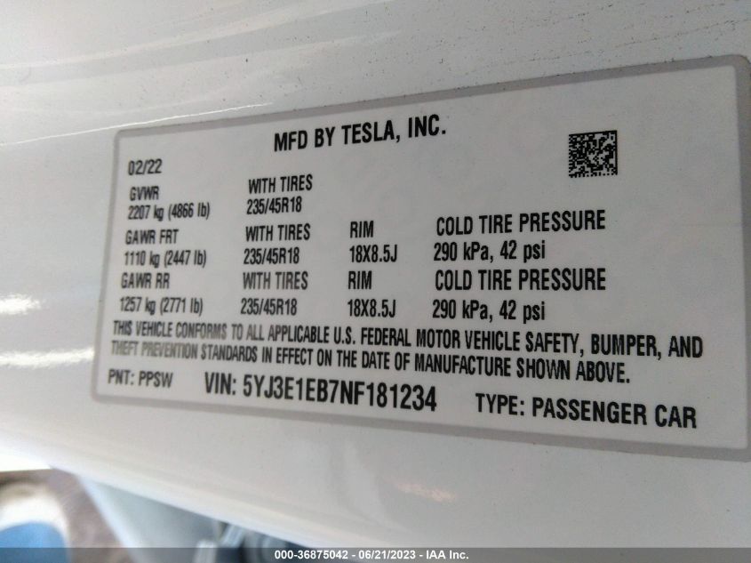 2022 TESLA MODEL 3 LONG RANGE - 5YJ3E1EB7NF181234