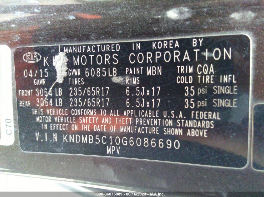 2016 KIA SEDONA LX - KNDMB5C10G6086690