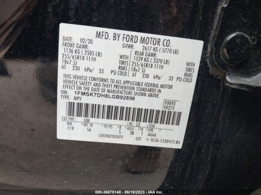 2020 FORD EXPLORER XLT - 1FMSK7DH8LGB92898