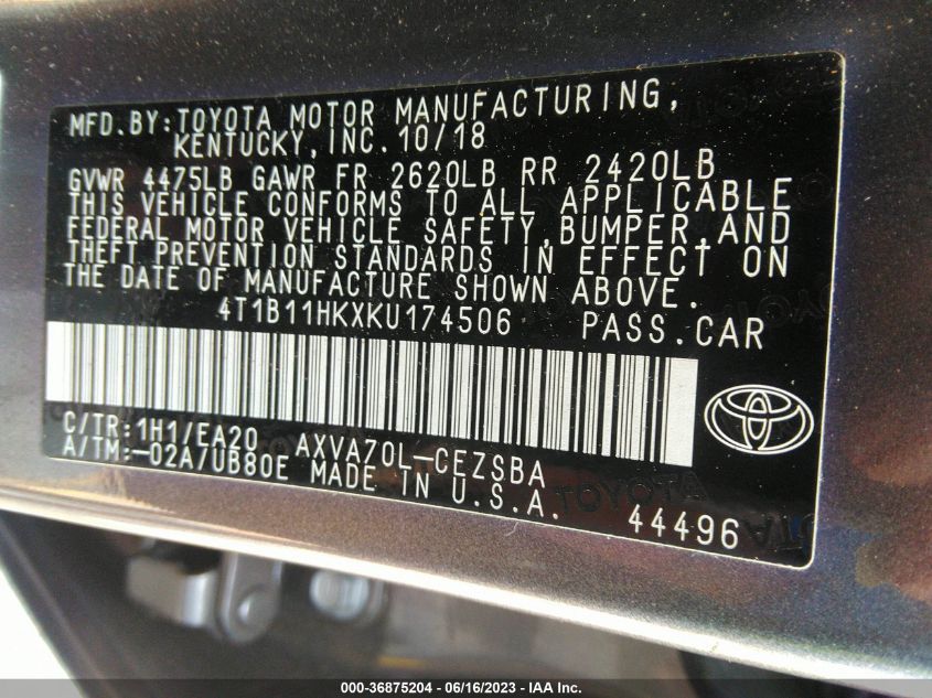 2019 TOYOTA CAMRY LE/SE/XLE/L - 4T1B11HKXKU174506