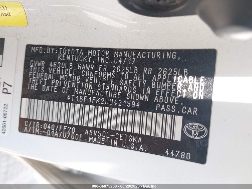 2017 TOYOTA CAMRY LE/XLE/SE/XSE - 4T1BF1FK2HU421594