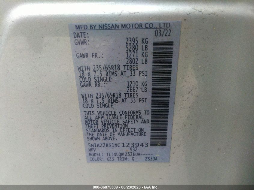 2022 NISSAN MURANO SV - 5N1AZ2BS1NC123943