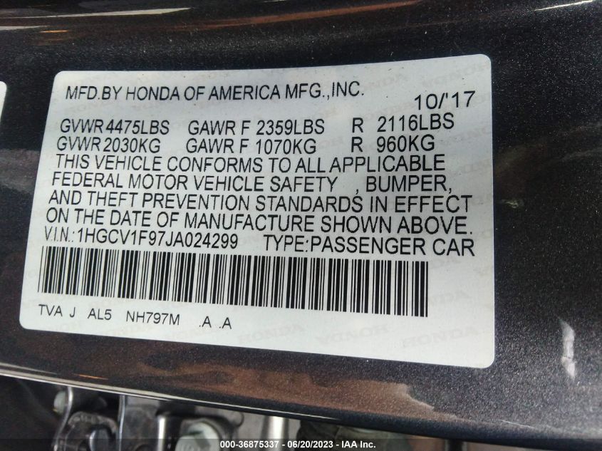2018 HONDA ACCORD SEDAN TOURING 1.5T - 1HGCV1F97JA024299