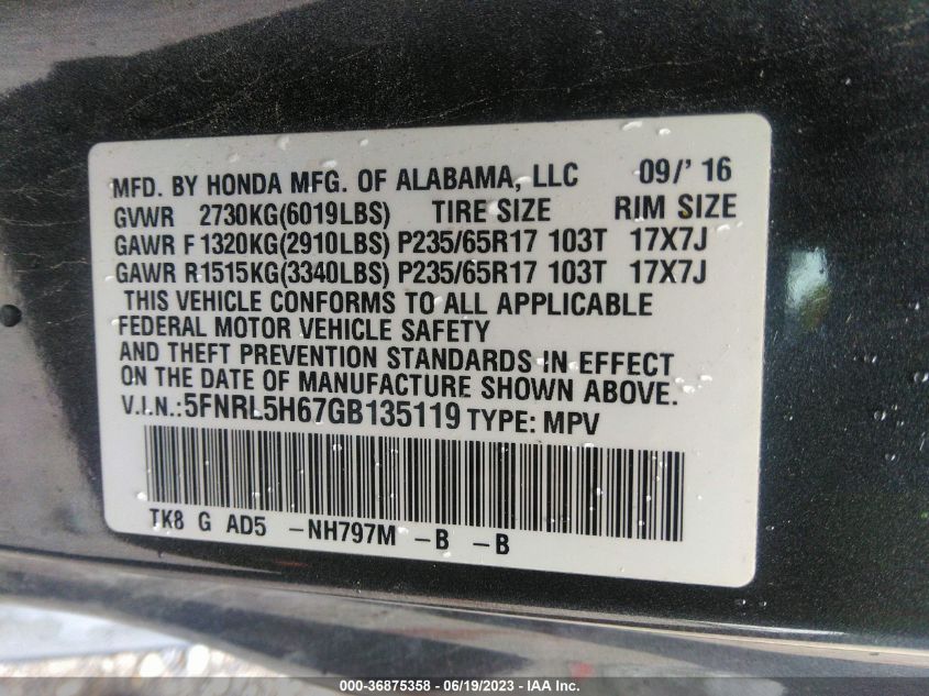 2016 HONDA ODYSSEY EX-L - 5FNRL5H67GB135119