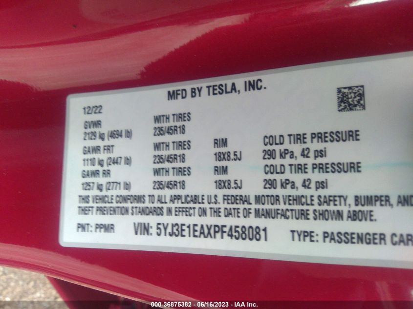 2023 TESLA MODEL 3 - 5YJ3E1EAXPF458081