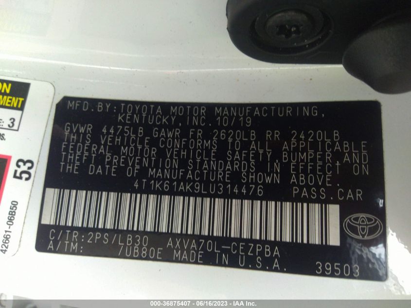 2020 TOYOTA CAMRY XSE - 4T1K61AK9LU314476