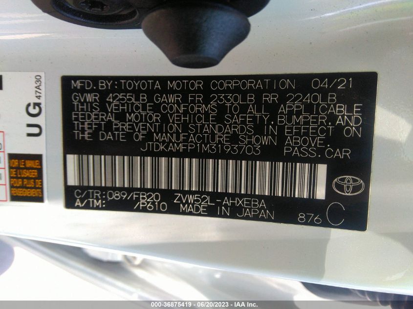 2021 TOYOTA PRIUS PRIME LE/XLE/LIMITED - JTDKAMFP1M3193703