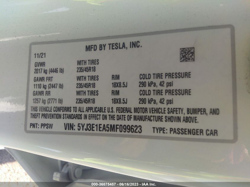 2021 TESLA MODEL 3 STANDARD RANGE PLUS - 5YJ3E1EA5MF099623