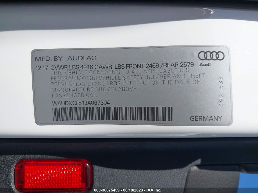 2018 AUDI A5 SPORTBACK PREMIUM - WAUDNCF51JA067304