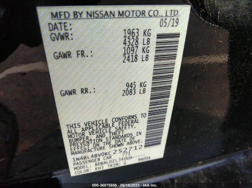 2019 NISSAN ALTIMA 2.5 S - 1N4BL4BV0KC252712