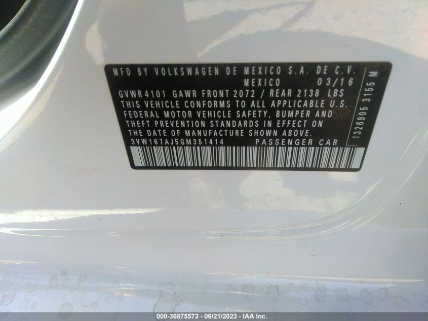2016 VOLKSWAGEN JETTA SEDAN 1.4T S - 3VW167AJ5GM351414