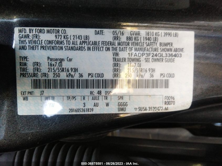 2016 FORD FOCUS SE - 1FADP3F24GL336403