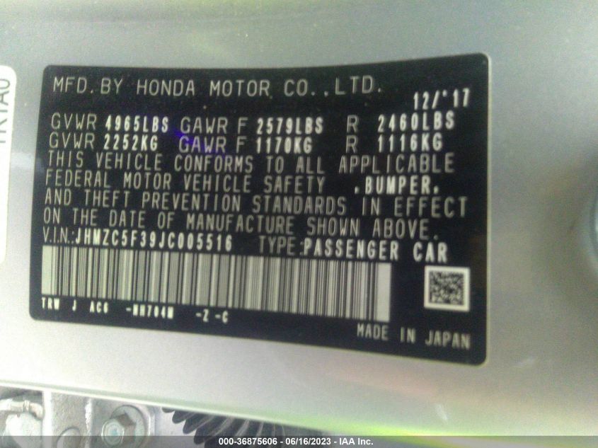 2018 HONDA CLARITY PLUG-IN HYBRID TOURING - JHMZC5F39JC005516