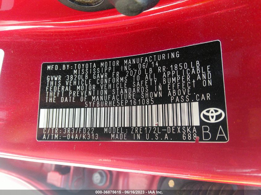 2014 TOYOTA COROLLA L/LE/S/S PLUS/LE PLUS - 5YFBURHE5EP161085