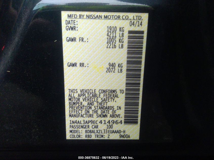 2014 NISSAN ALTIMA 2.5/S/SV/SL - 1N4AL3AP9EC414964