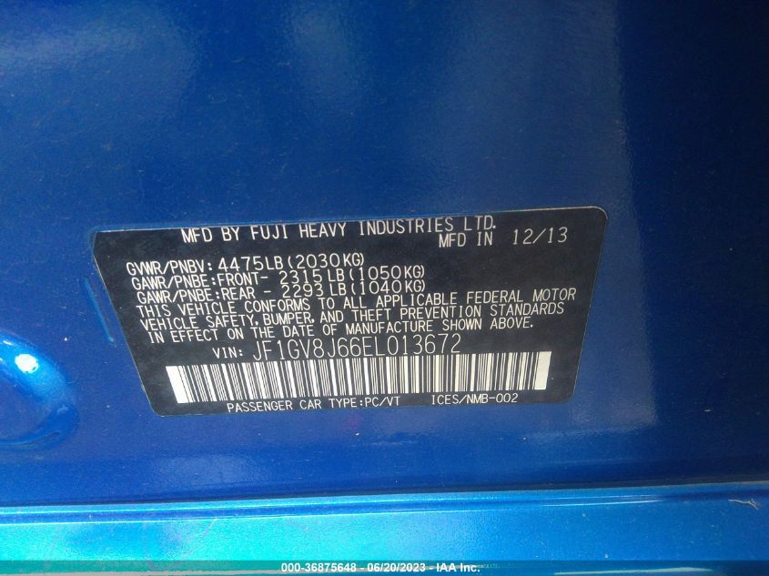 2014 SUBARU IMPREZA SEDAN WRX WRX STI JF1GV8J66EL013672