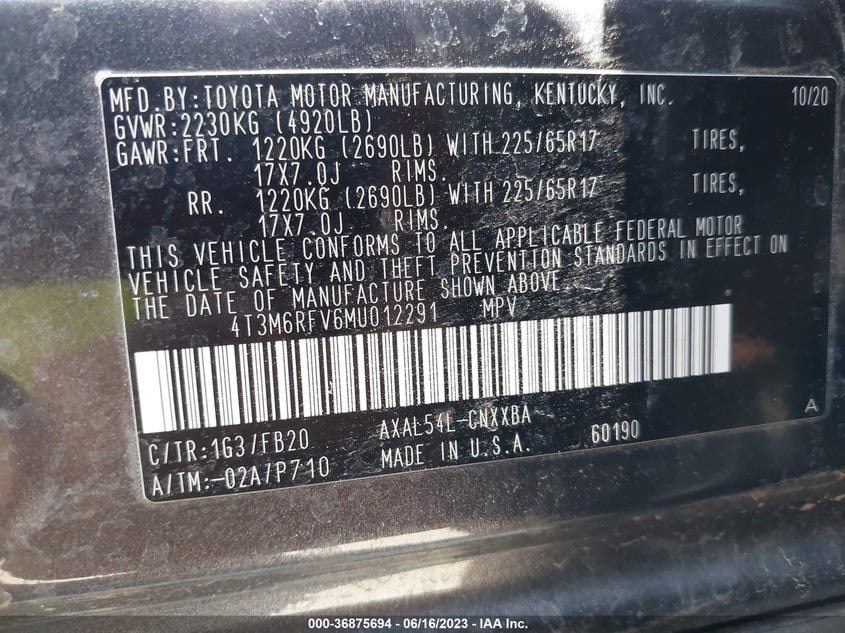VIN 4T3M6RFV6MU012291 2021 TOYOTA RAV4 HYBRID LE