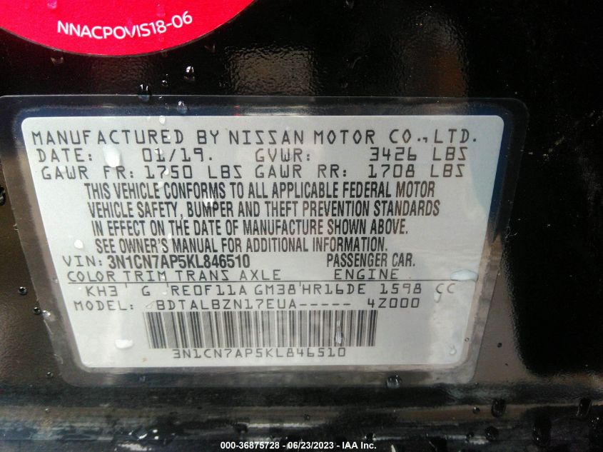 2019 NISSAN VERSA SEDAN SV - 3N1CN7AP5KL846510