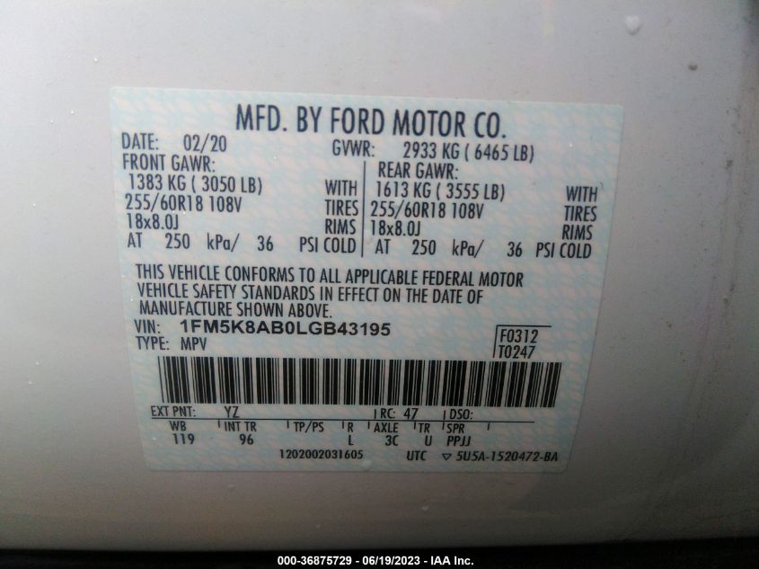 2020 FORD POLICE INTERCEPTOR 1FM5K8AB0LGB43195