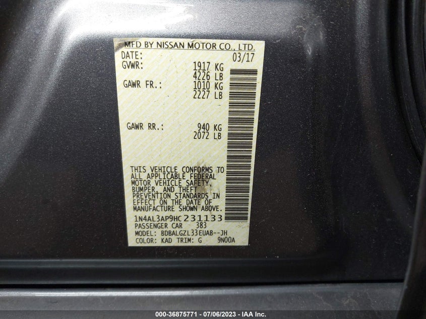 VIN 1N4AL3AP9HC231133 2017 NISSAN ALTIMA 2.5 S