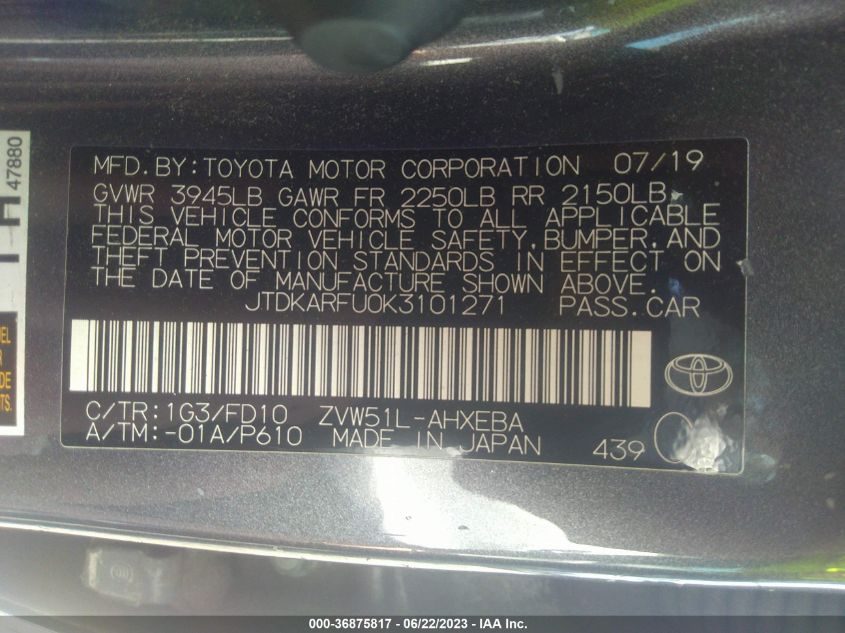 2019 TOYOTA PRIUS L ECO/LE/XLE/LIMITED - JTDKARFU0K3101271