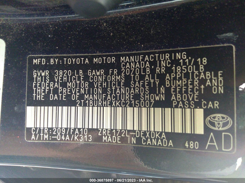 VIN 2T1BURHEXKC215007 2019 TOYOTA COROLLA L/LE/XLE/SE/XSE