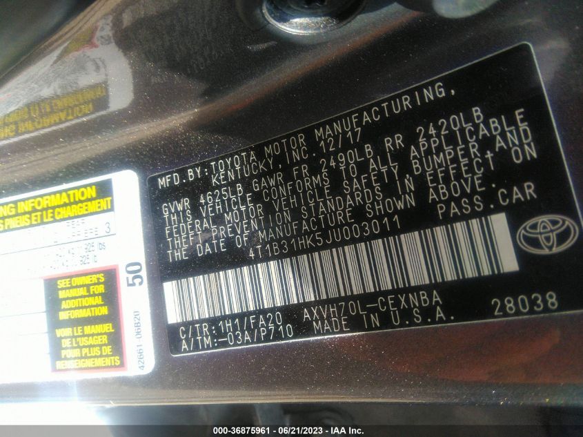 2018 TOYOTA CAMRY HYBRID - 4T1B31HK5JU003011