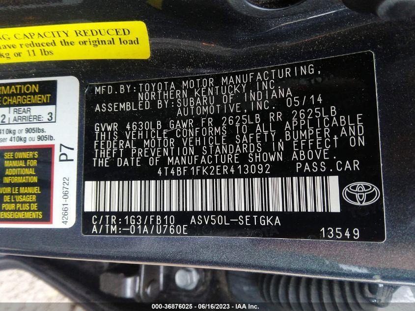 2014 TOYOTA CAMRY L/LE/XLE/SE/SE SPORT - 4T4BF1FK2ER413092
