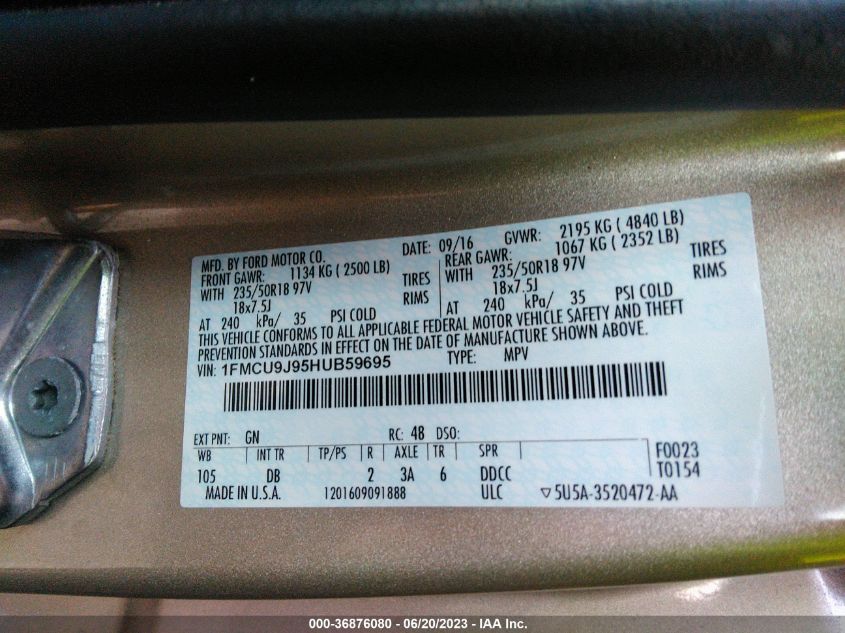 1FMCU9J95HUB59695 2017 FORD ESCAPE, photo no. 9