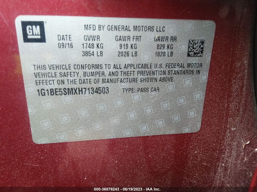 2017 CHEVROLET CRUZE LT - 1G1BE5SMXH7134503