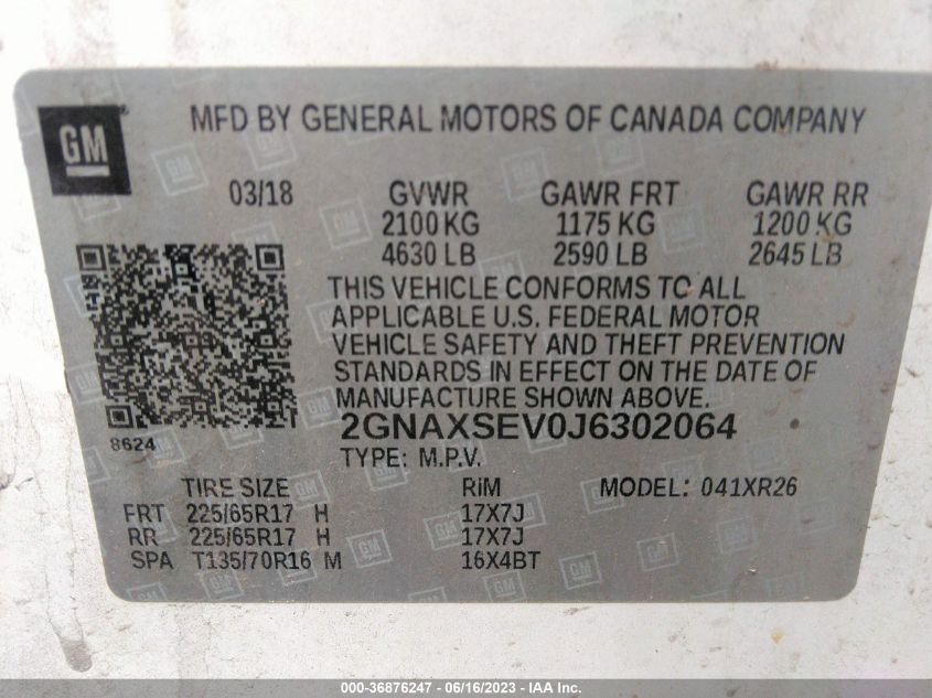 2018 CHEVROLET EQUINOX LT - 2GNAXSEV0J6302064
