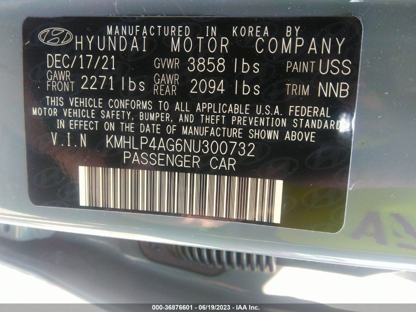 2022 HYUNDAI ELANTRA LIMITED - KMHLP4AG6NU300732