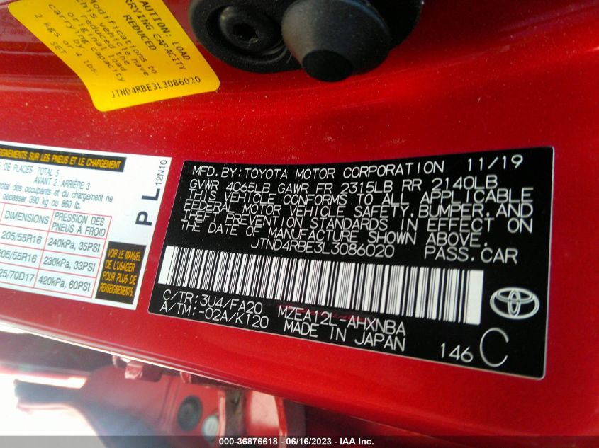 2020 TOYOTA COROLLA HATCHBACK SE JTND4RBE3L3086020