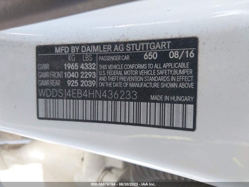 VIN WDDSJ4EB4HN436233 2017 MERCEDES-BENZ CLA CLA 250