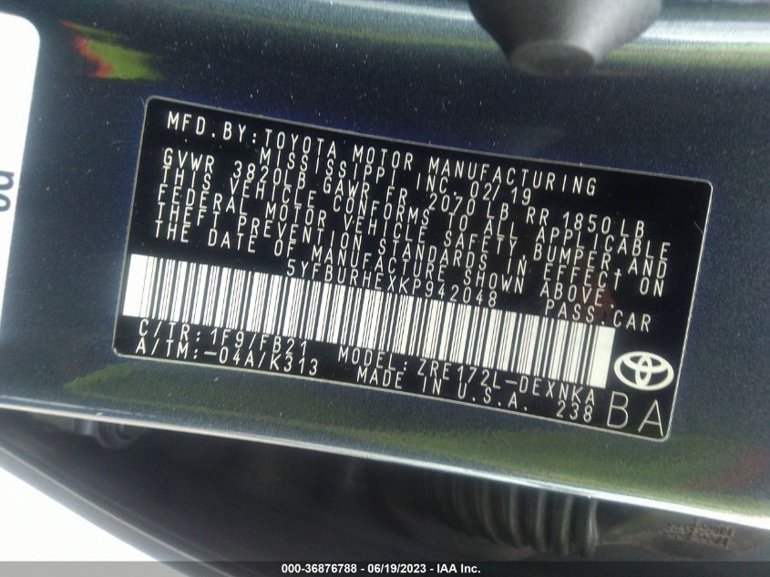 2019 TOYOTA COROLLA L/LE/SE/XLE/XSE - 5YFBURHEXKP942048