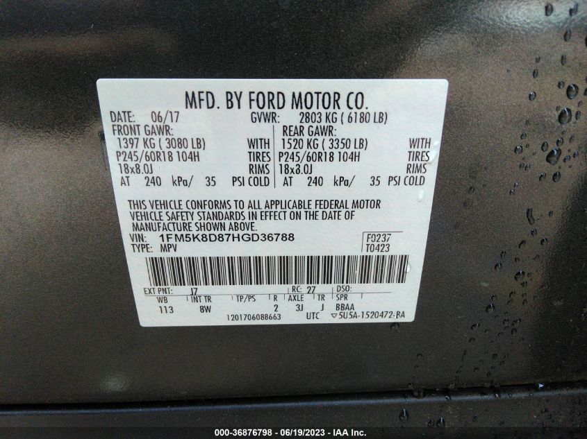 2017 FORD EXPLORER XLT - 1FM5K8D87HGD36788