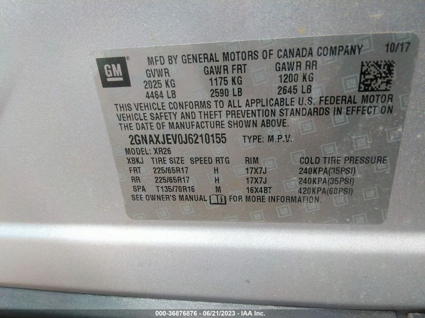 2018 CHEVROLET EQUINOX LT - 2GNAXJEV0J6210155