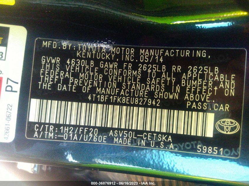 2014 TOYOTA CAMRY L/LE/XLE/SE/SE SPORT - 4T1BF1FK8EU827942