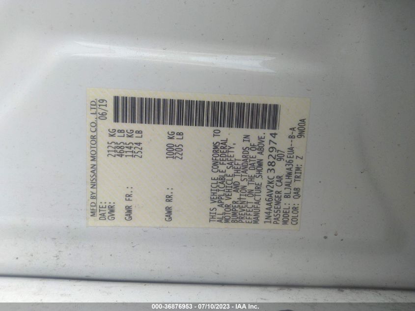 2019 NISSAN MAXIMA PLATINUM - 1N4AA6AV2KC382974