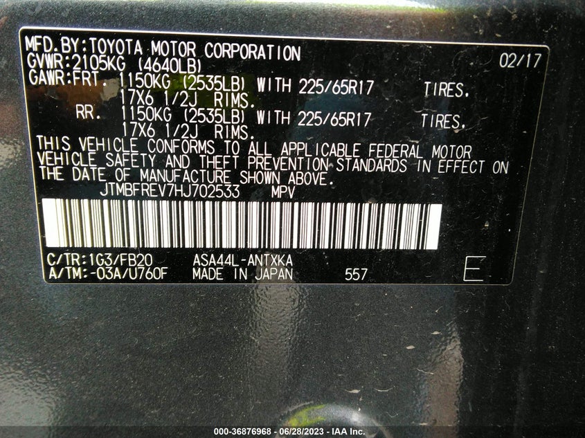 VIN JTMBFREV7HJ702533 2017 TOYOTA RAV4 LE